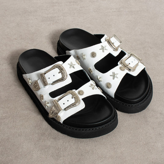 Walviss Manco Hakiki Deri Çift Tokali Beyaz Terlik