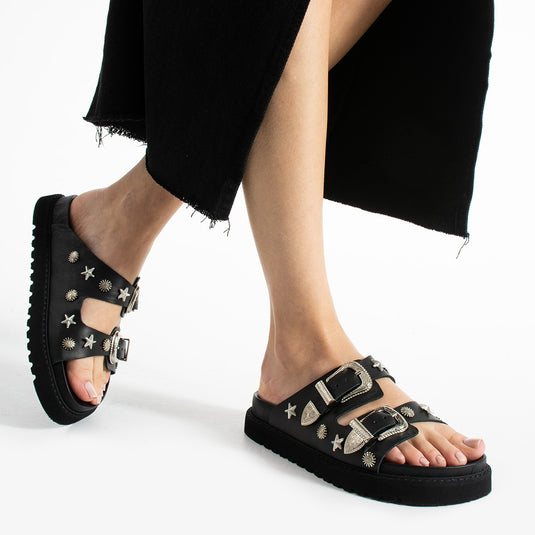 Walviss Manco Hakiki Deri Çift Tokali Siyah Terlik