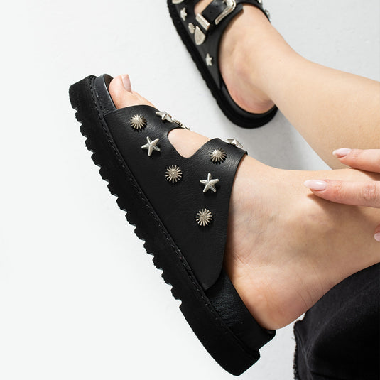 Walviss Manco Hakiki Deri Çift Tokali Siyah Terlik