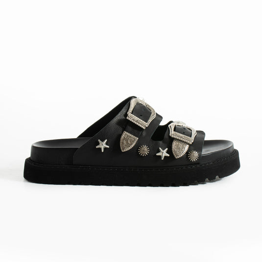 Walviss Manco Hakiki Deri Çift Tokali Siyah Terlik