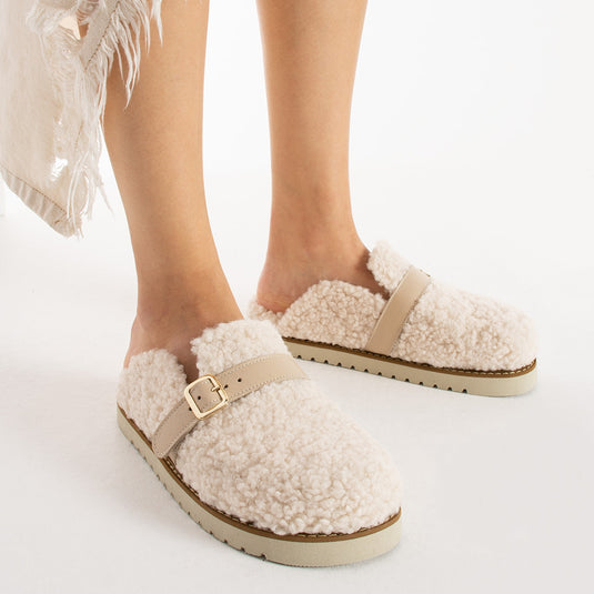 Walviss Mufy Kadin Kürklü Tek Tokali Ekru Terlik