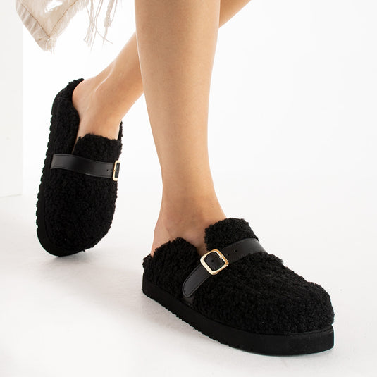 Walviss Mufy Kadin Kürklü Tek Tokali Siyah Terlik