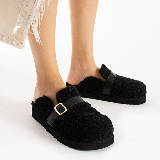 Walviss Mufy Kadin Kürklü Tek Tokali Siyah Terlik