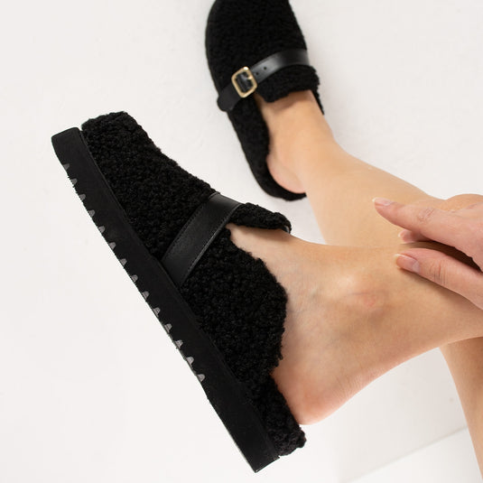 Walviss Mufy Kadin Kürklü Tek Tokali Siyah Terlik