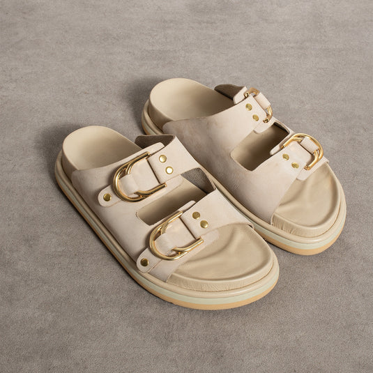 Walviss Osso Kadin Hakiki Deri Çift Tokali Ekru Terlik