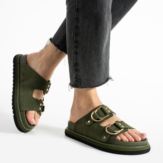 Walviss Osso Kadin Hakiki Deri Çift Tokali Haki Terlik