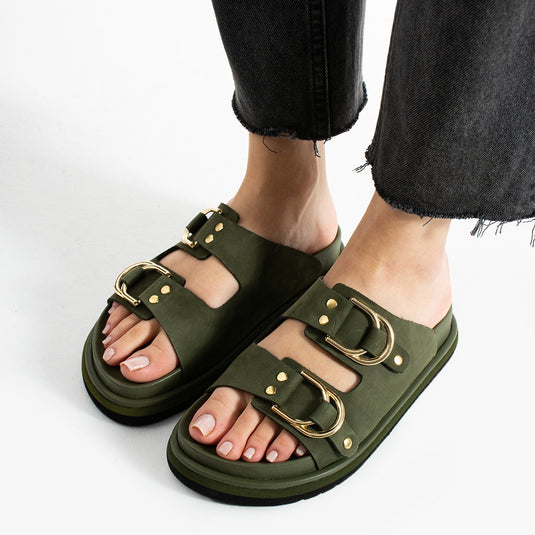 Walviss Osso Kadin Hakiki Deri Çift Tokali Haki Terlik