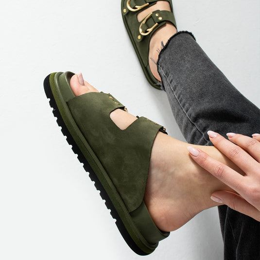 Walviss Osso Kadin Hakiki Deri Çift Tokali Haki Terlik