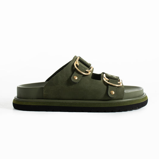 Walviss Osso Kadin Hakiki Deri Çift Tokali Haki Terlik