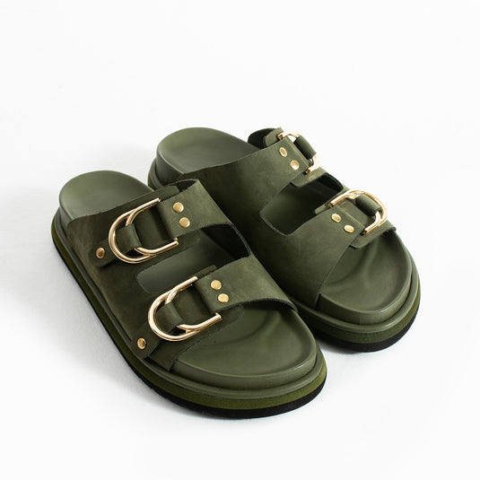 Walviss Osso Kadin Hakiki Deri Çift Tokali Haki Terlik