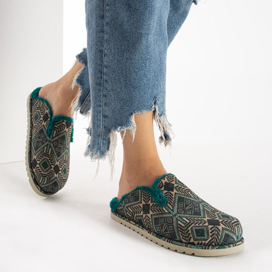 Walviss Savora Kadin Kumas Pelus Bagciksiz Petrol Yesili Terlik