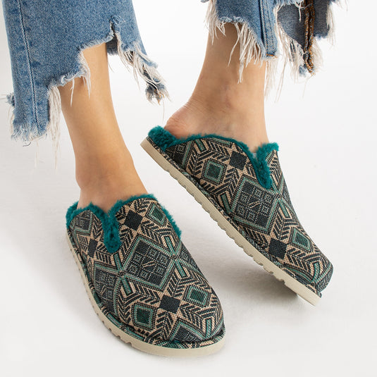 Walviss Savora Kadin Kumas Pelus Bagciksiz Petrol Yesili Terlik