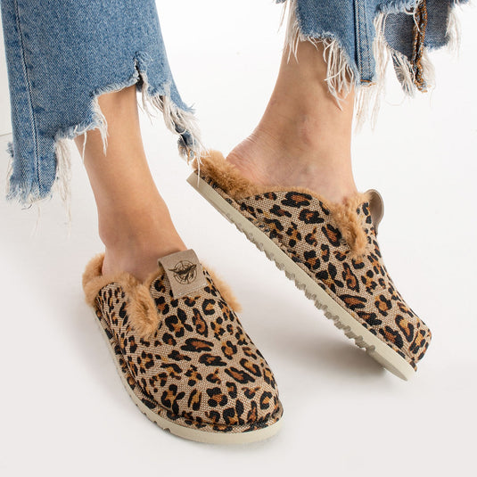 Walviss Savora Kadin Kumas Pelus Bagciksiz Siyah Leopar Terlik