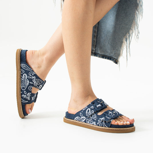 Walviss Ebony Hakiki Deri Çift Tokalı Lacivert Beyaz Terlik