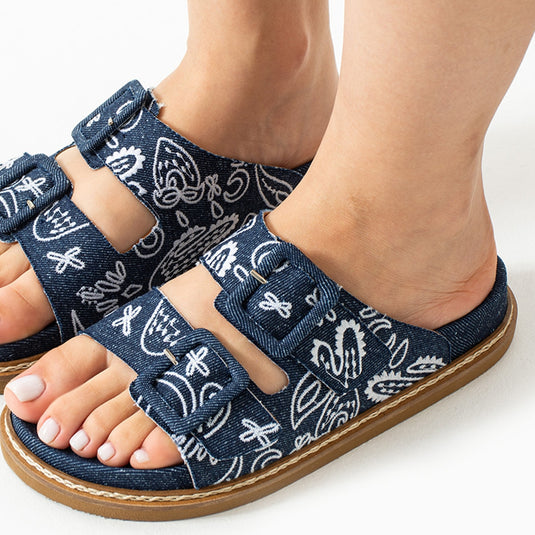 Walviss Ebony Hakiki Deri Çift Tokalı Lacivert Beyaz Terlik