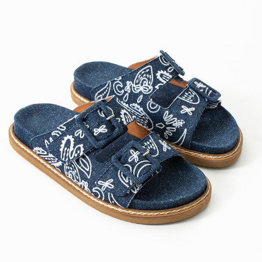 Walviss Ebony Hakiki Deri Çift Tokalı Lacivert Beyaz Terlik