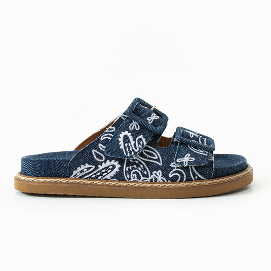 Walviss Ebony Hakiki Deri Çift Tokalı Lacivert Beyaz Terlik